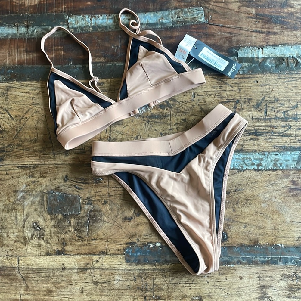 Contrast Mesh High Waist Bikini- Tan & Black Mesh- Nasty Gal - NWT